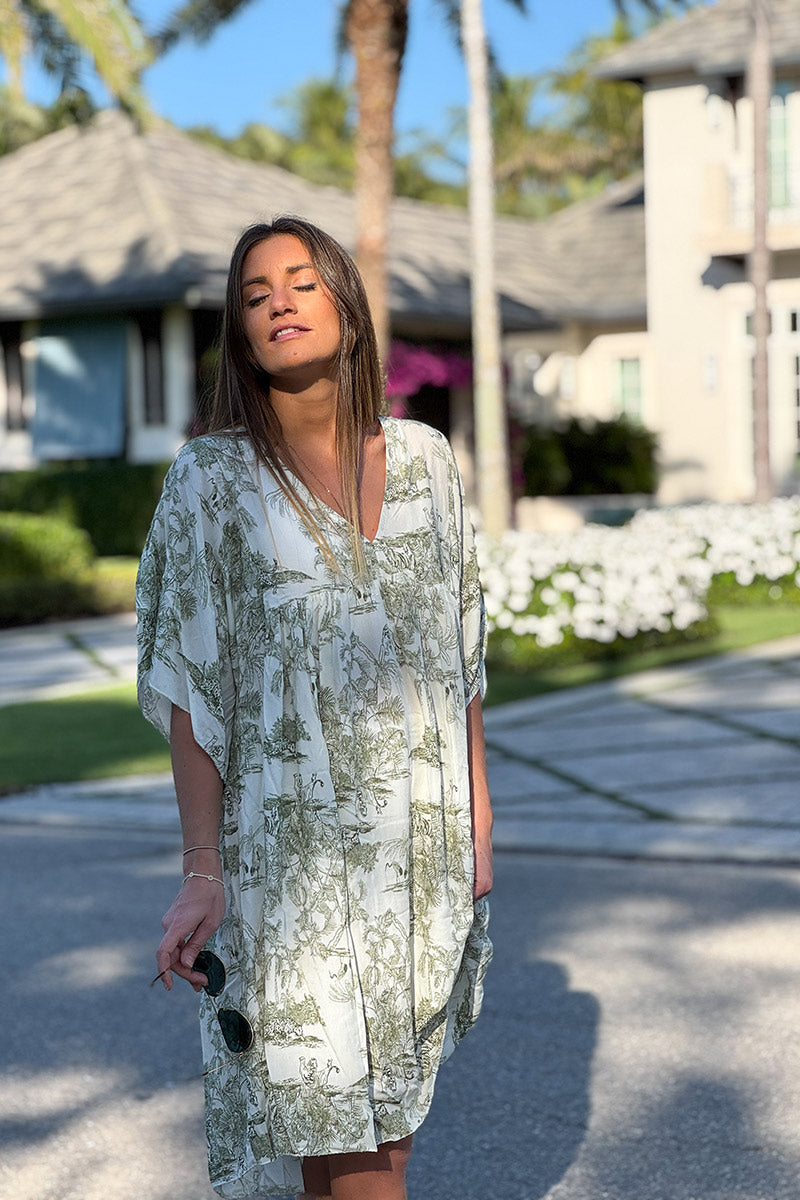 Vestido fluido con estampado toile de jouy caqui