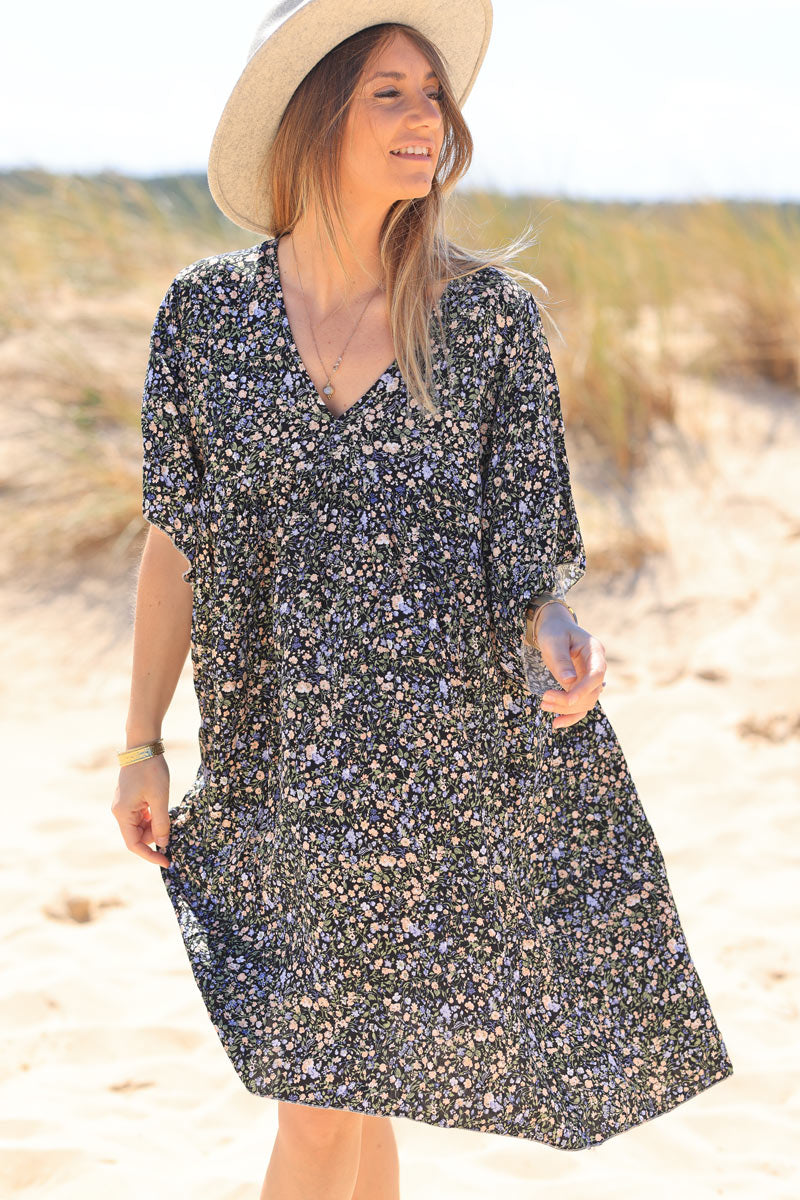 Black liberty print flowing smock dress Jeanne