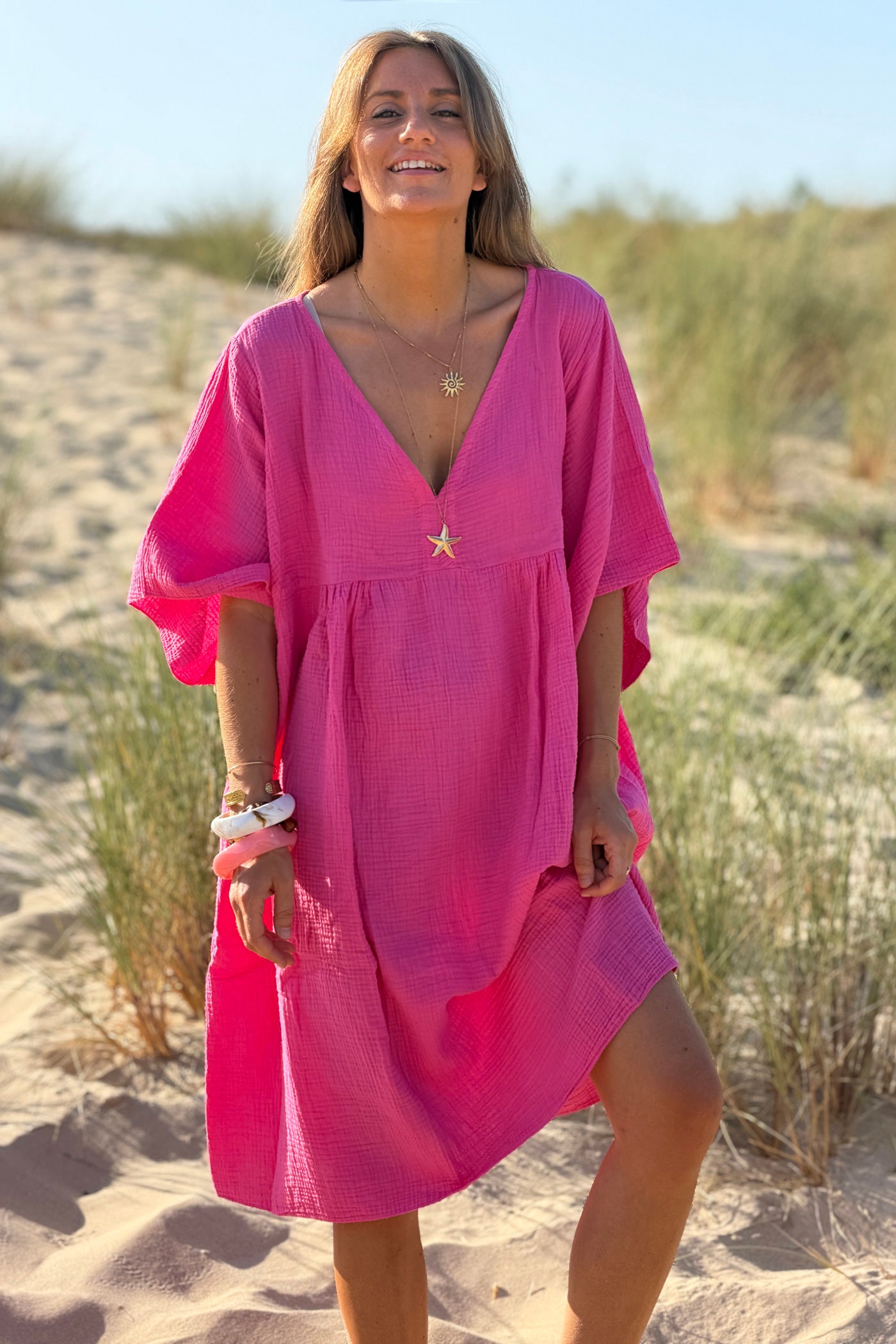 Hot Pink Crinkle Gauze Beach Dress