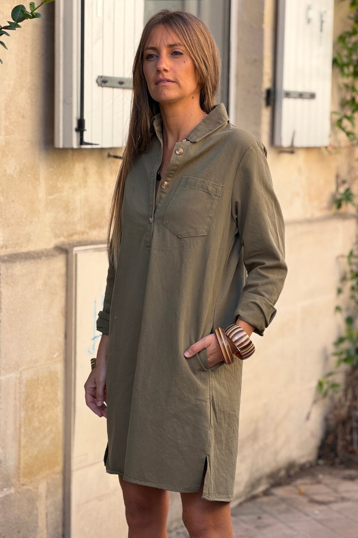 Olive Woven Half-Placket Long-Sleeve Dress
