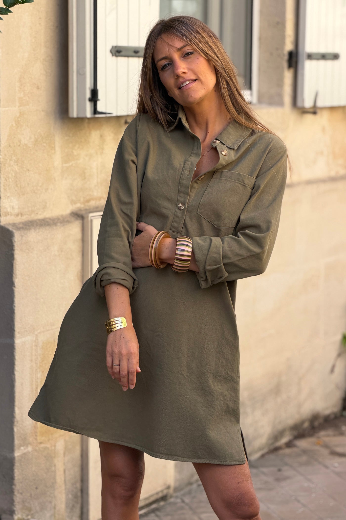 Olive Woven Half-Placket Long-Sleeve Dress