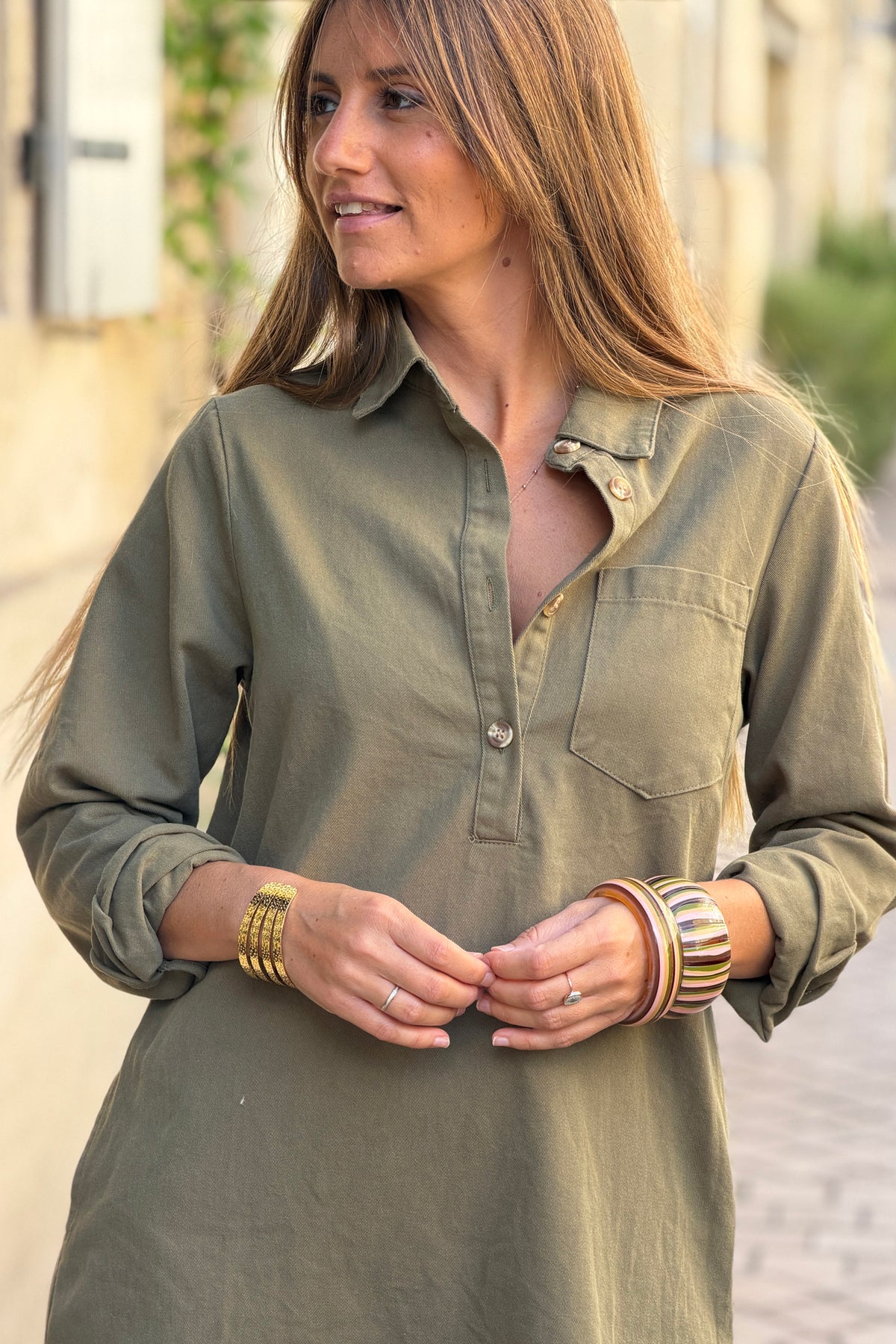 Olive Woven Half-Placket Long-Sleeve Dress