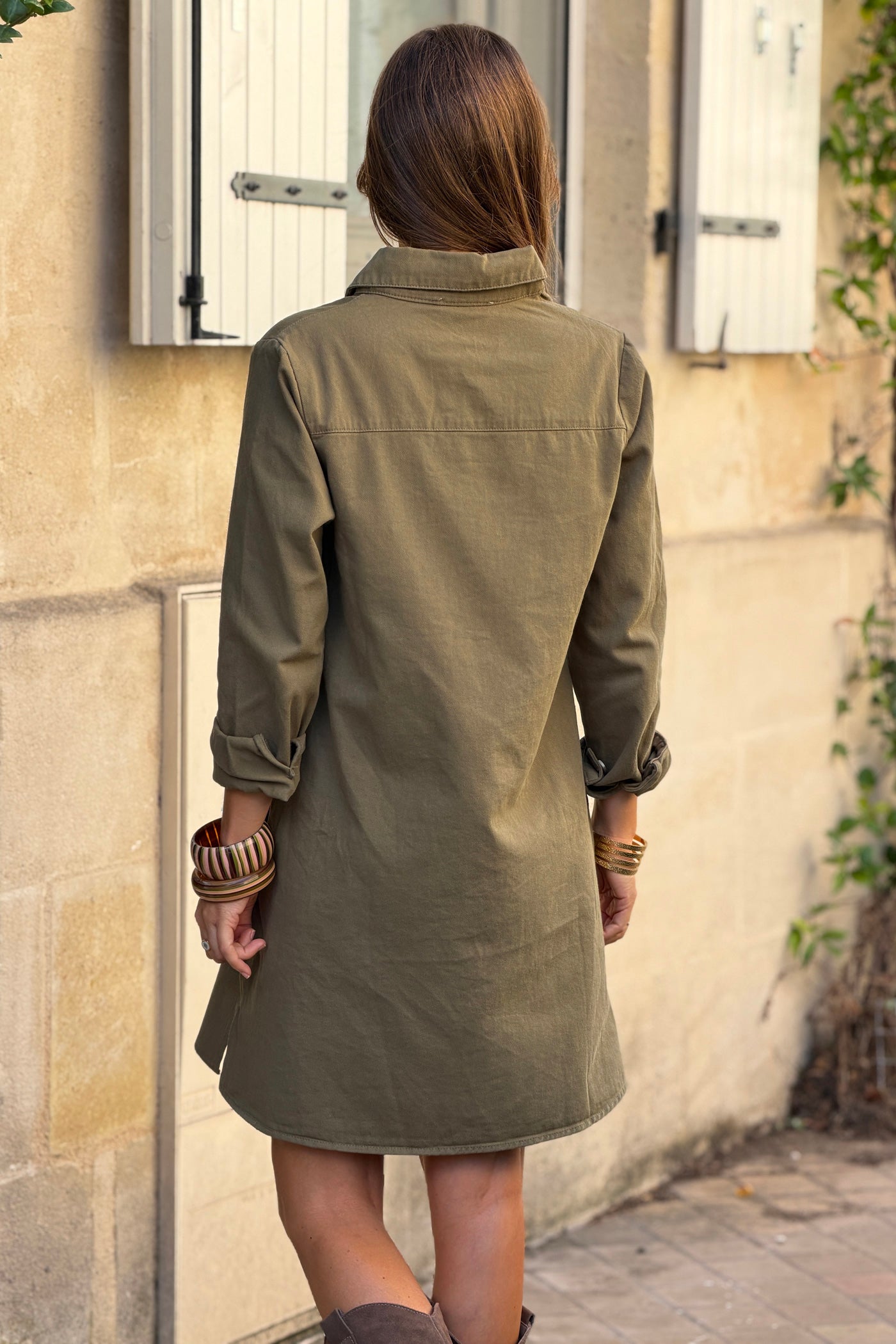 Olive Woven Half-Placket Long-Sleeve Dress