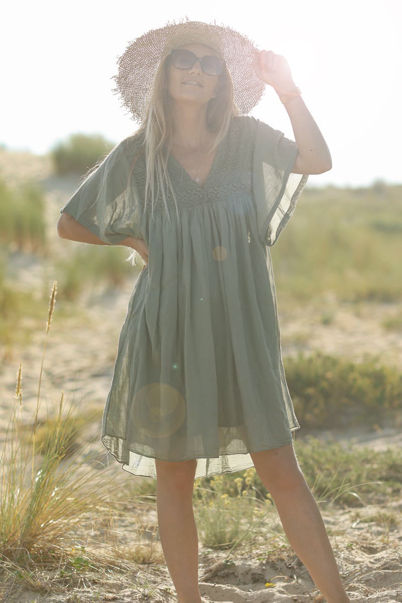 Olive Floaty Cotton Dress with Lace Top