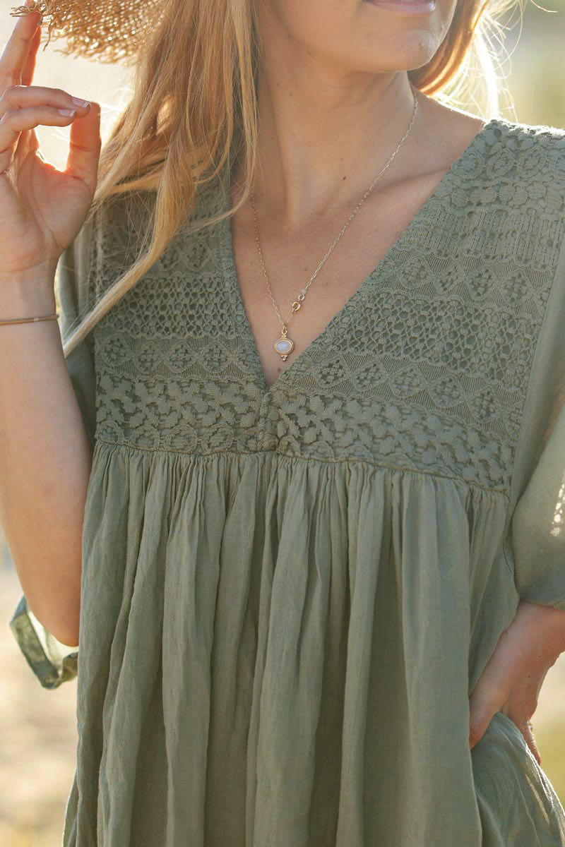 Olive Floaty Cotton Dress with Lace Top