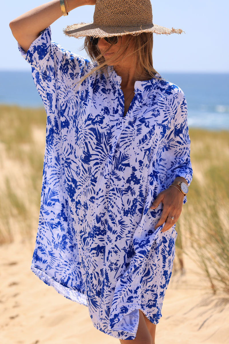 Robe large en coton col v imprimé des iles bleu roi