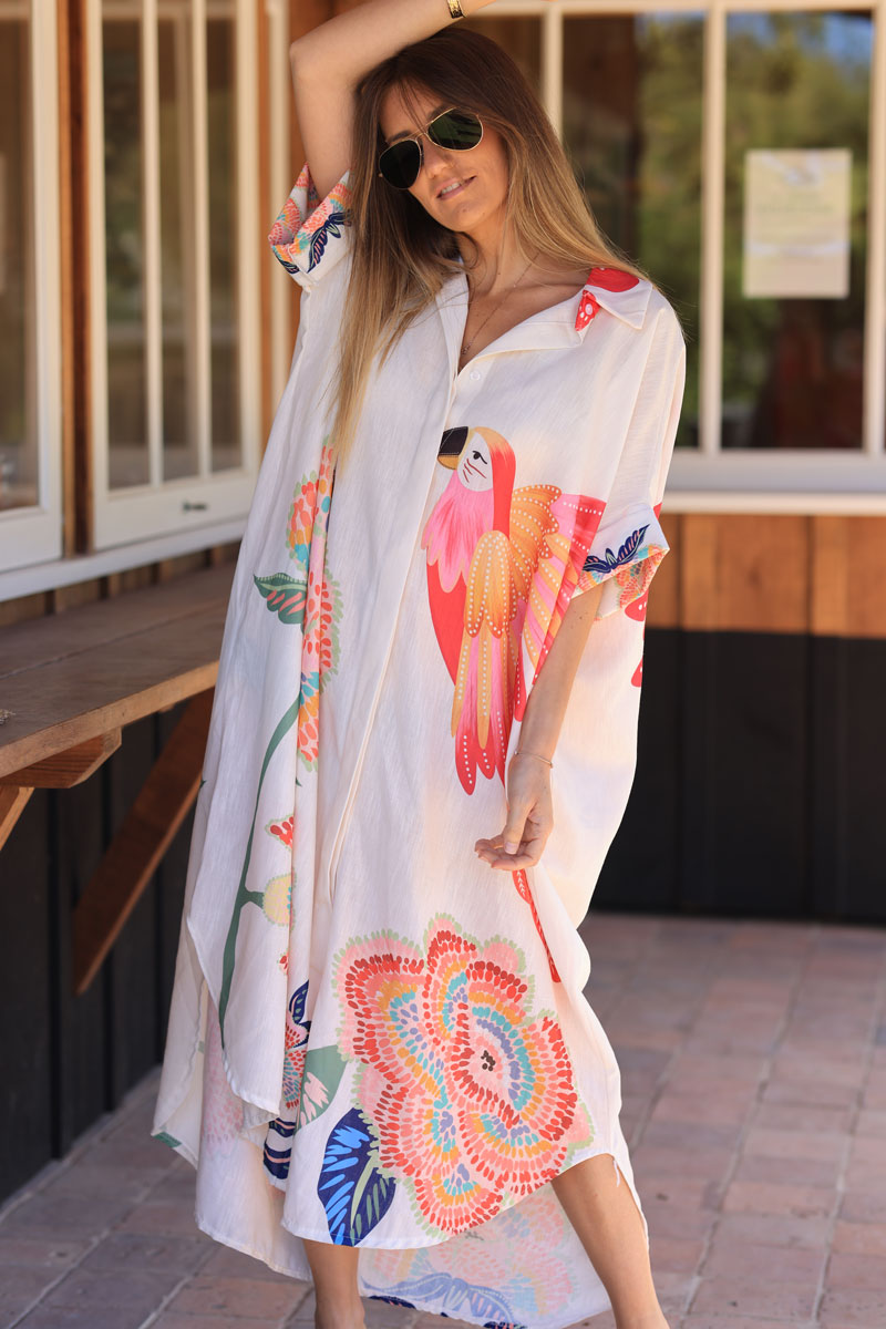 Ecru floaty midi dress with colourful flower and parrot print