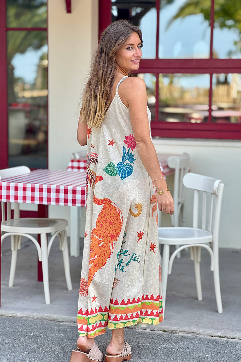 Vestido largo Dolce beige brillante con tirantes con estampado de palmeras y leopardo naranja