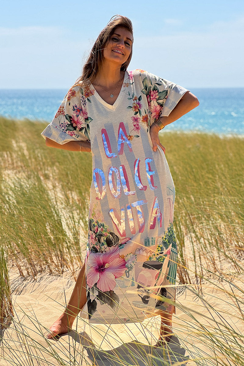 Vestido largo brillante con estampado floral y rosa Dolce Vita