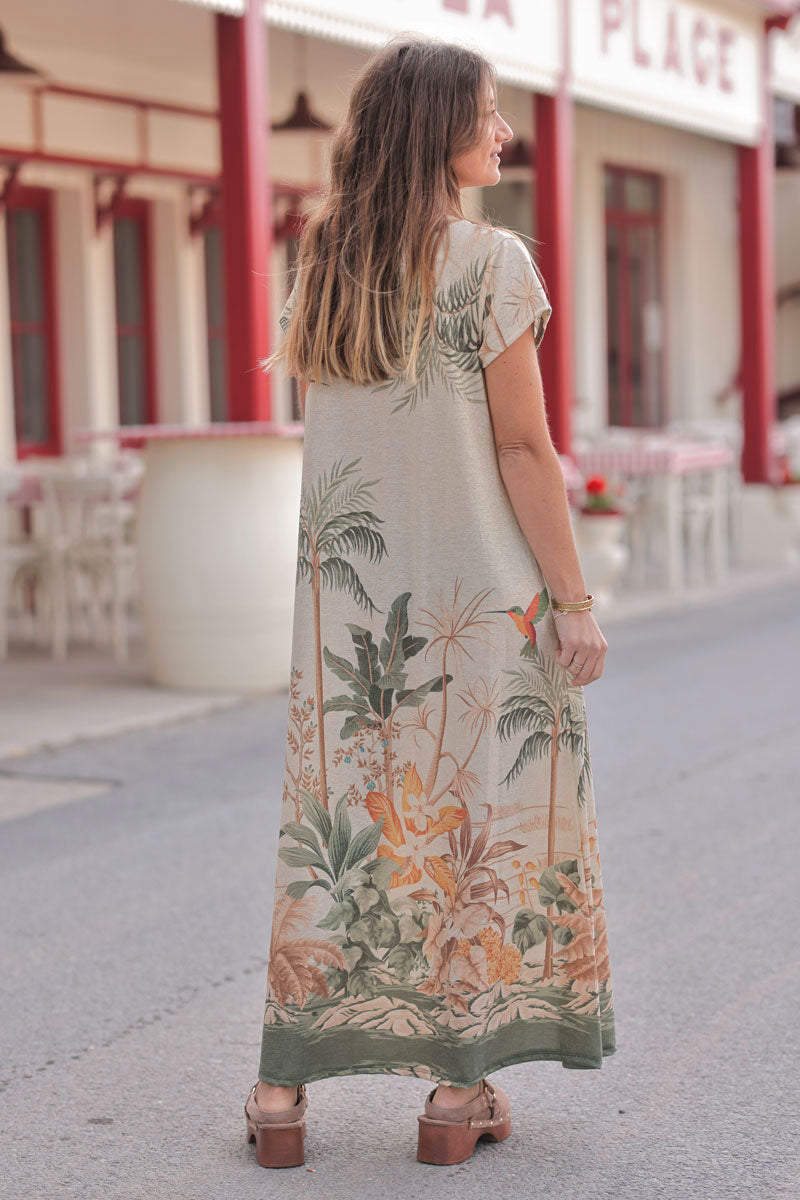 Robe longue beige brillante dorée imprimé palmiers et colibri kaki
