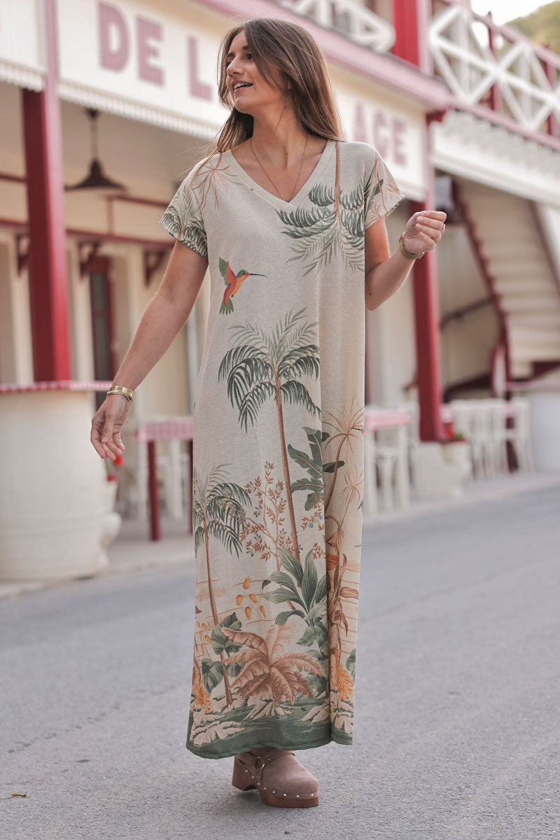Robe longue beige brillante dorée imprimé palmiers et colibri kaki