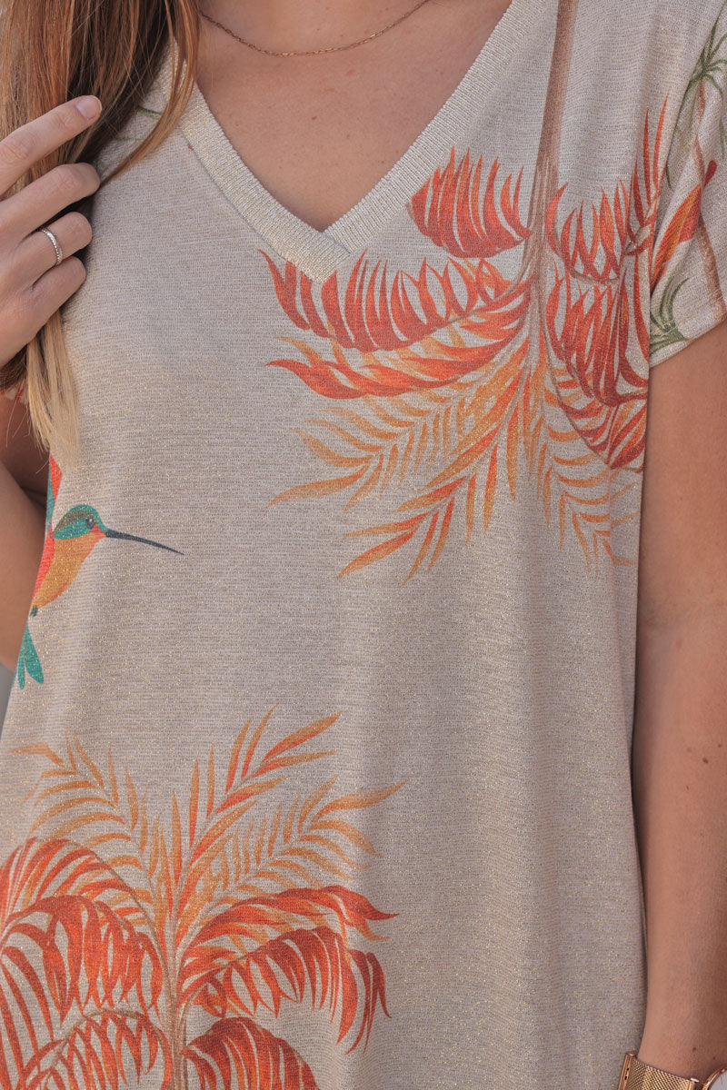 Robe longue beige brillante dorée imprimé palmiers et colibri orange