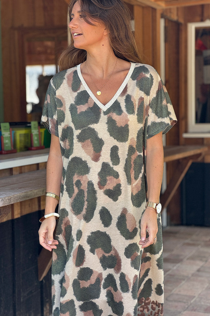 Olive Leopard Glitter Knit Maxi Dress
