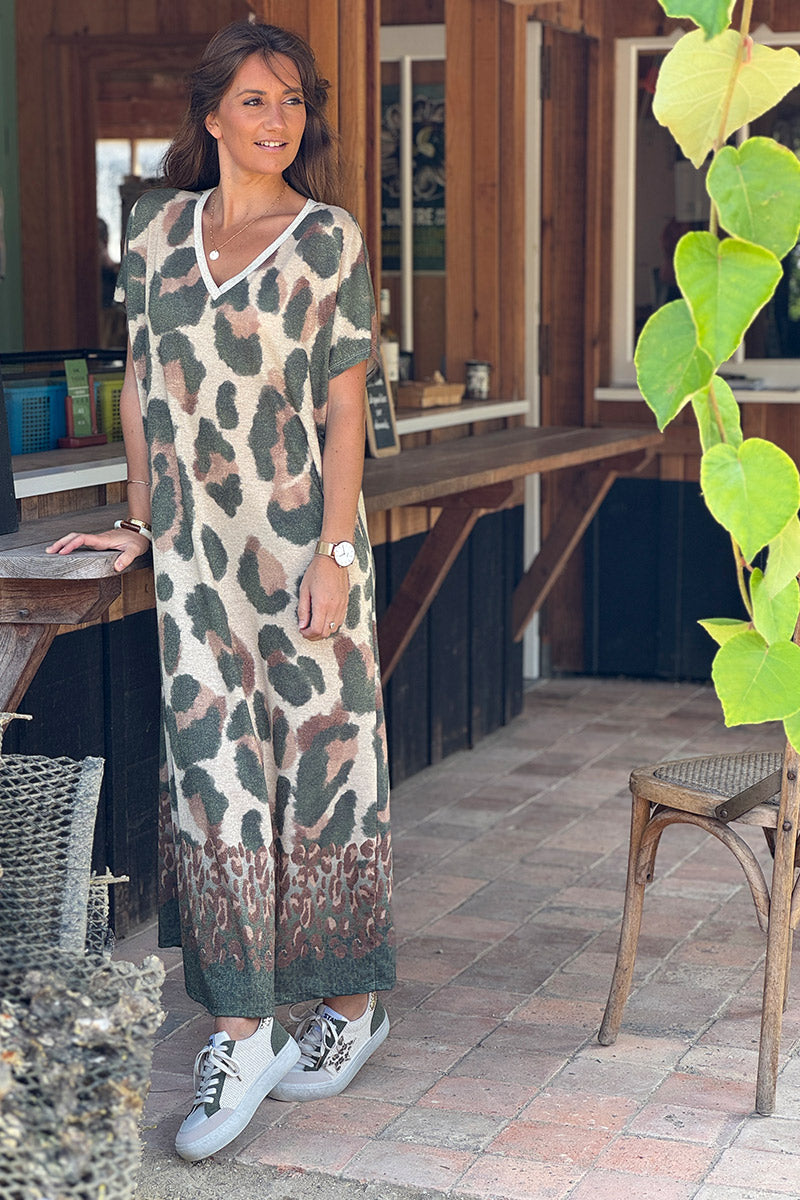 Olive Leopard Glitter Knit Maxi Dress
