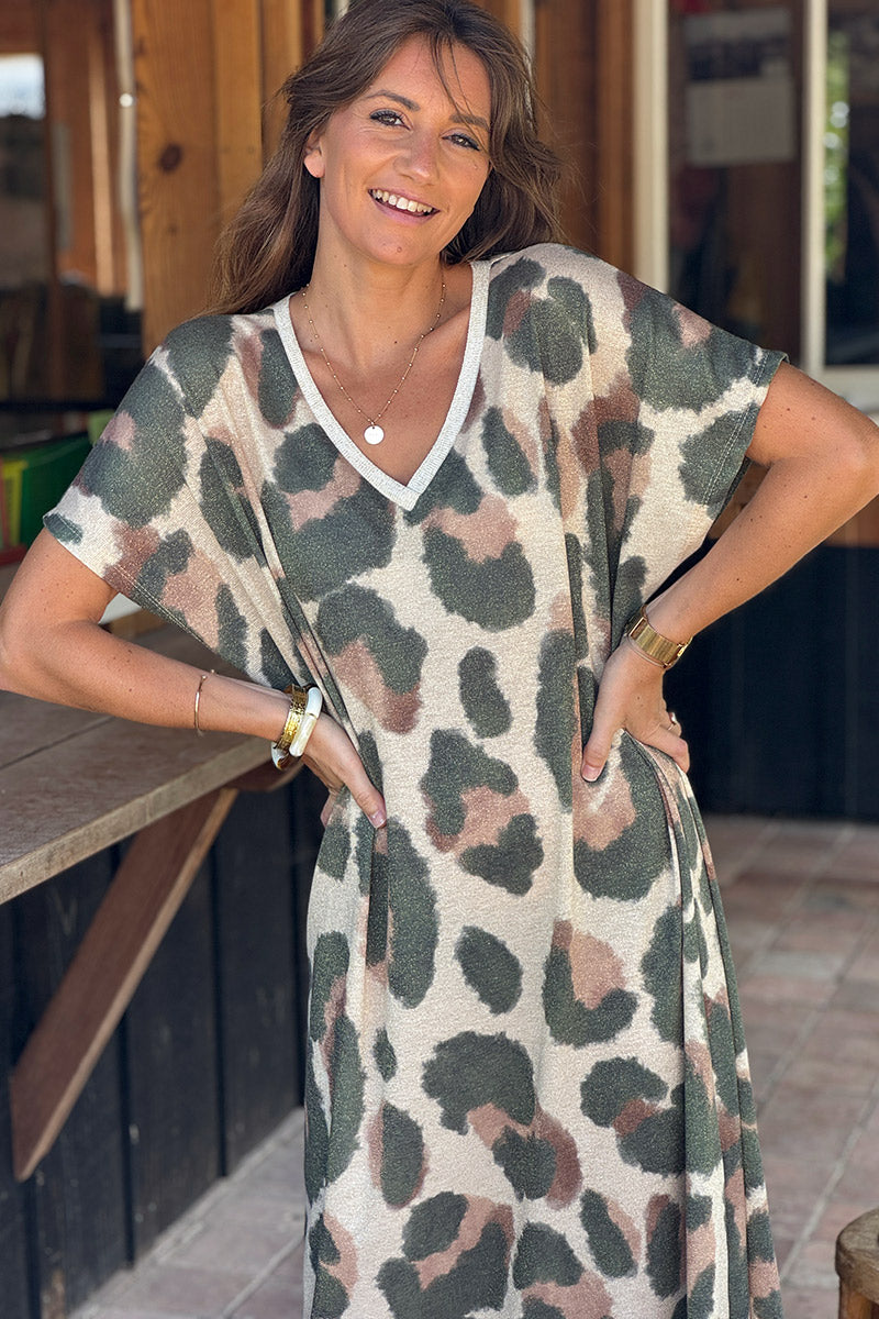 Olive Leopard Glitter Knit Maxi Dress
