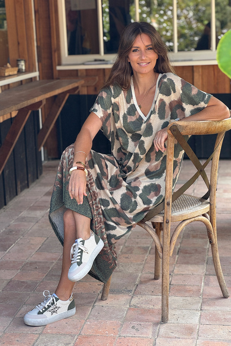 Olive Leopard Glitter Knit Maxi Dress
