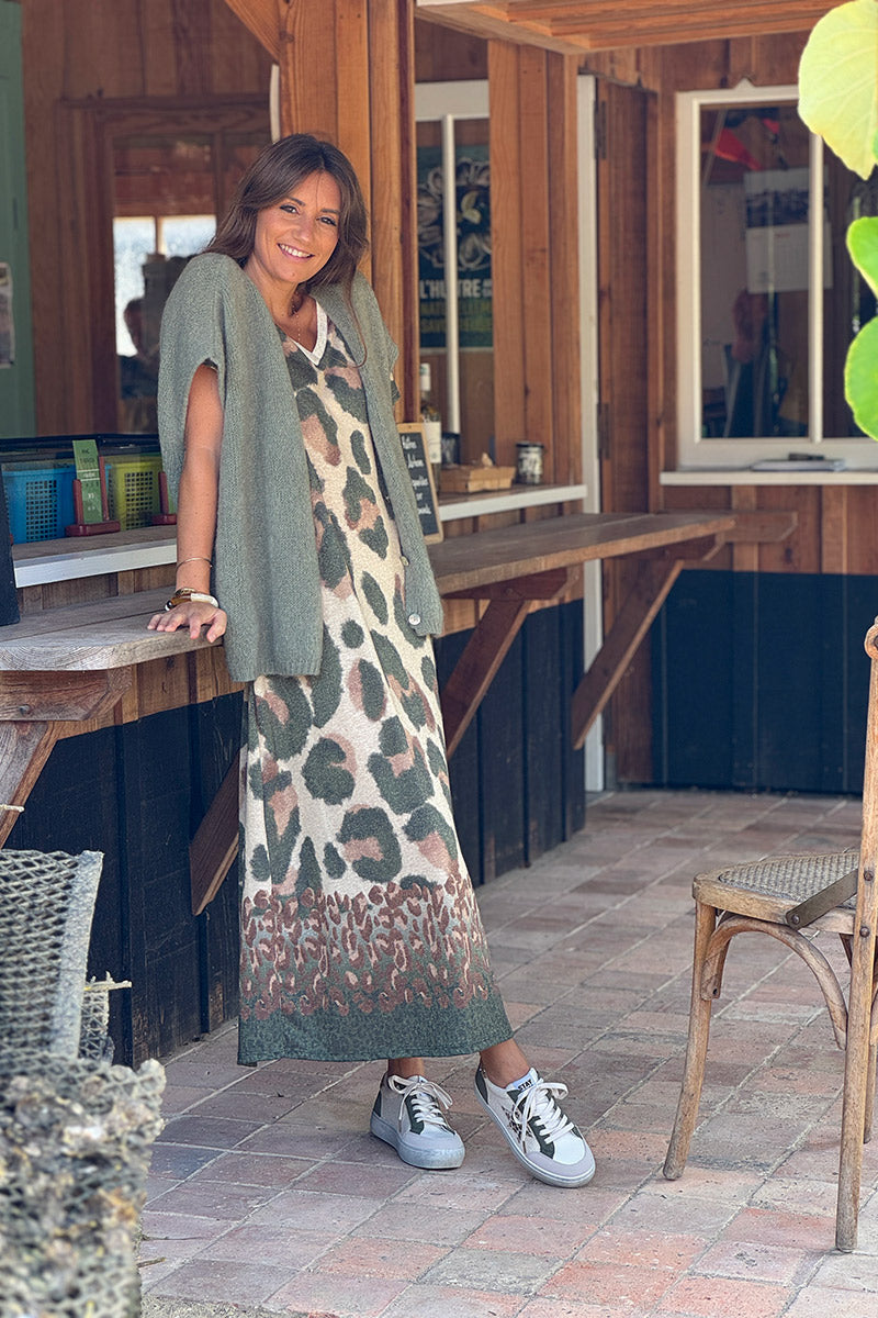 Olive Leopard Glitter Knit Maxi Dress
