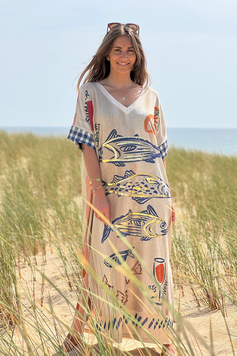 Robe longue brillante et large imprimé Sardine pasta LOVE rayures corail
