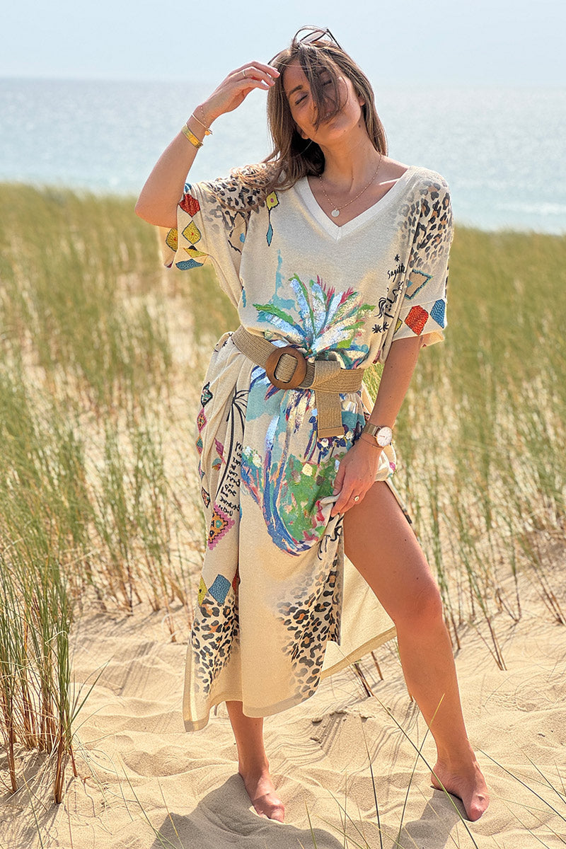 Beige Glitter Knit Tropical Watercolor Maxi Dress