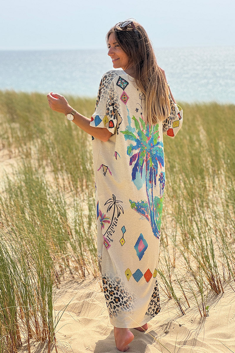 Beige Glitter Knit Tropical Watercolor Maxi Dress