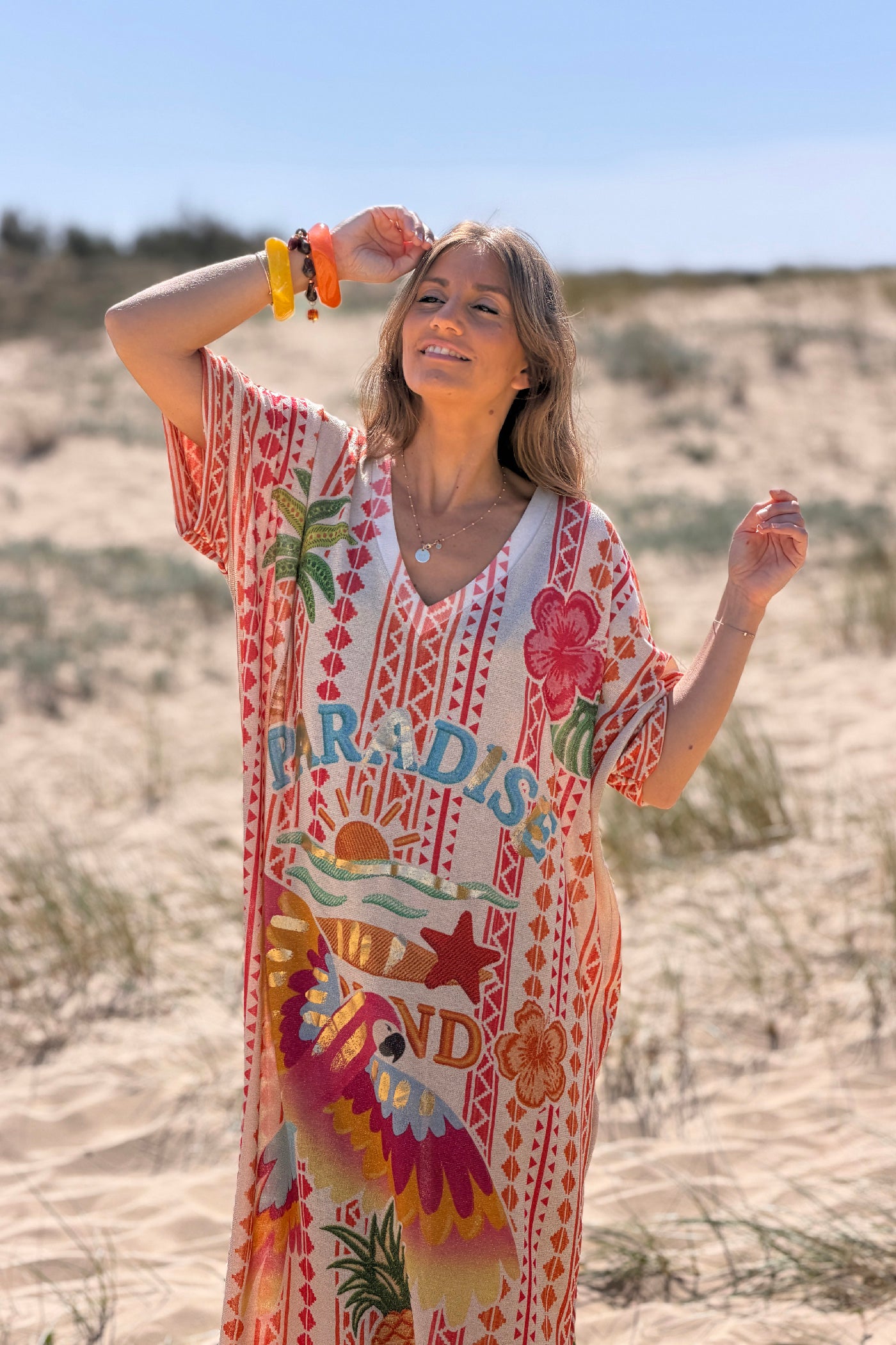 Robe longue brillante lurex imprimé ethnique orange Paradise Sunset