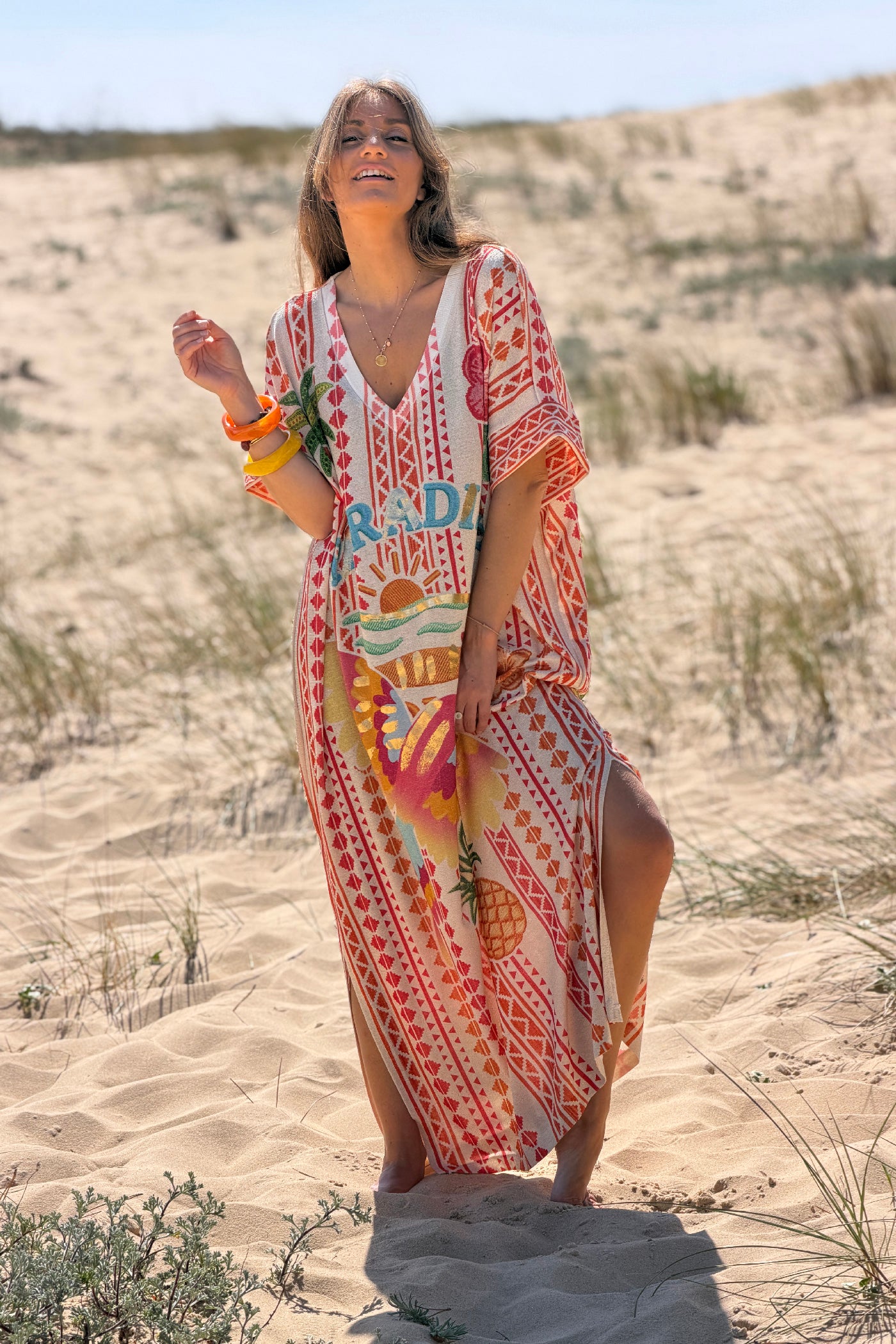 Robe longue brillante lurex imprimé ethnique orange Paradise Sunset