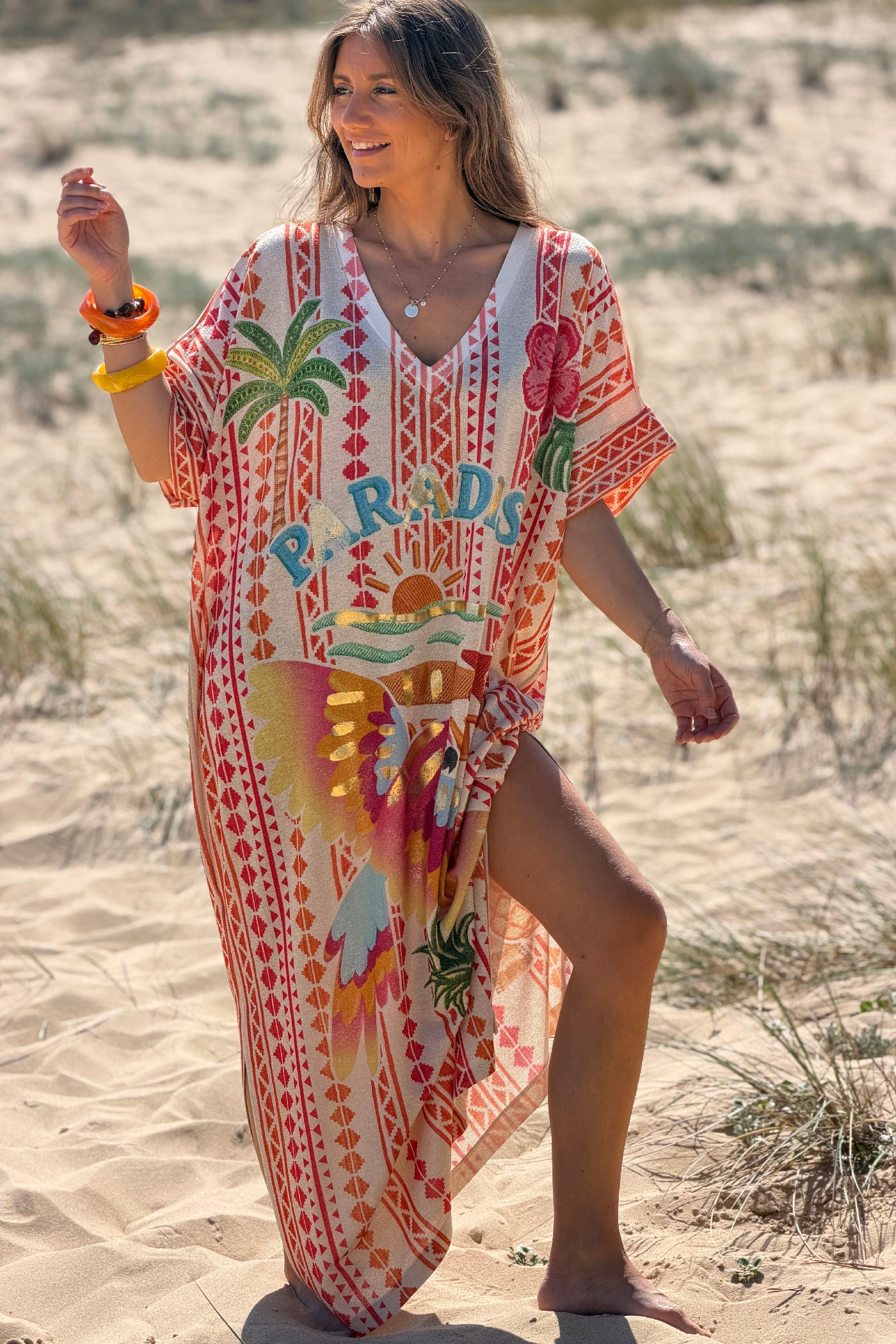 Robe longue brillante lurex imprimé ethnique orange Paradise Sunset