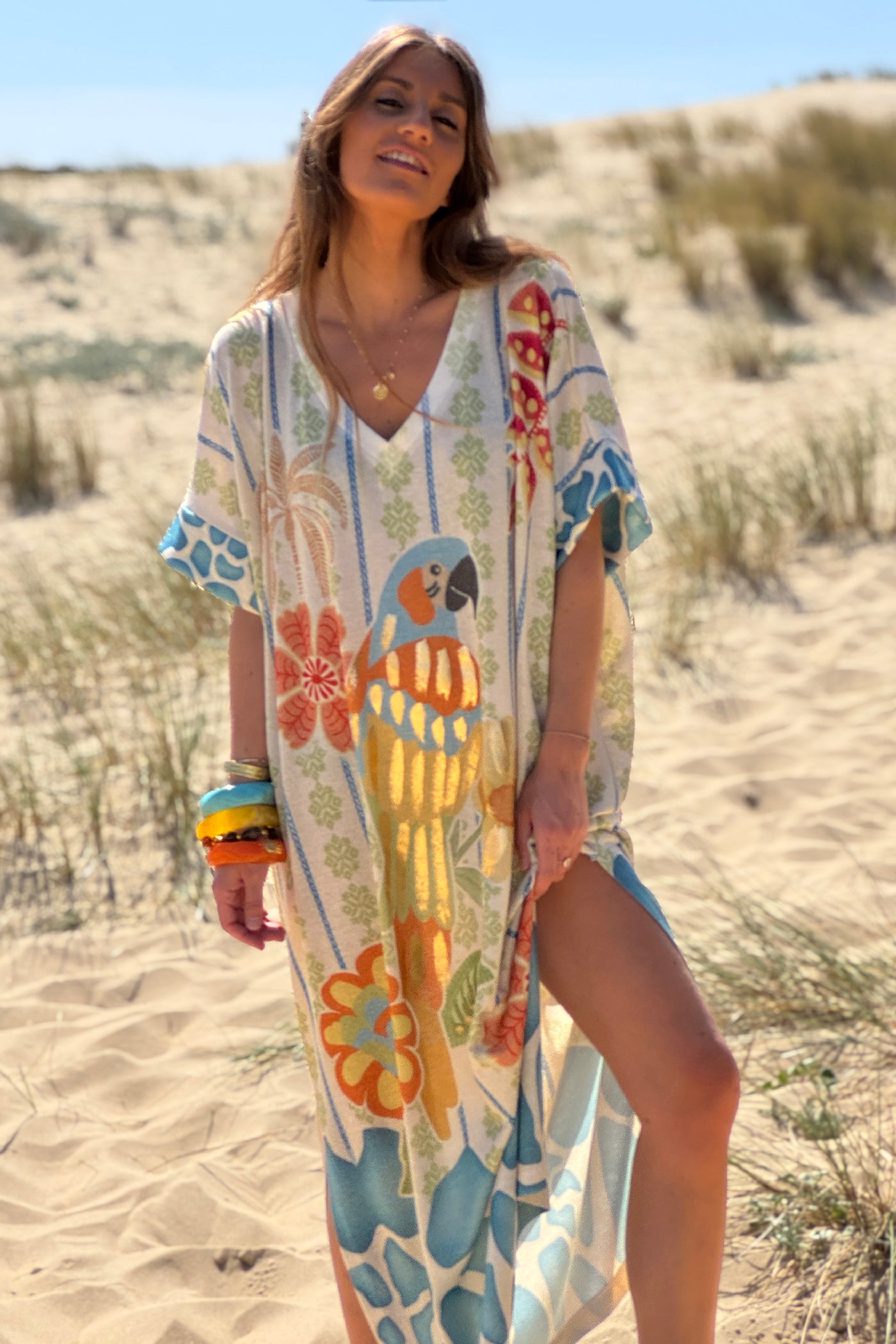 Ivory Pretty Parrot Glitter Knit Caftan

