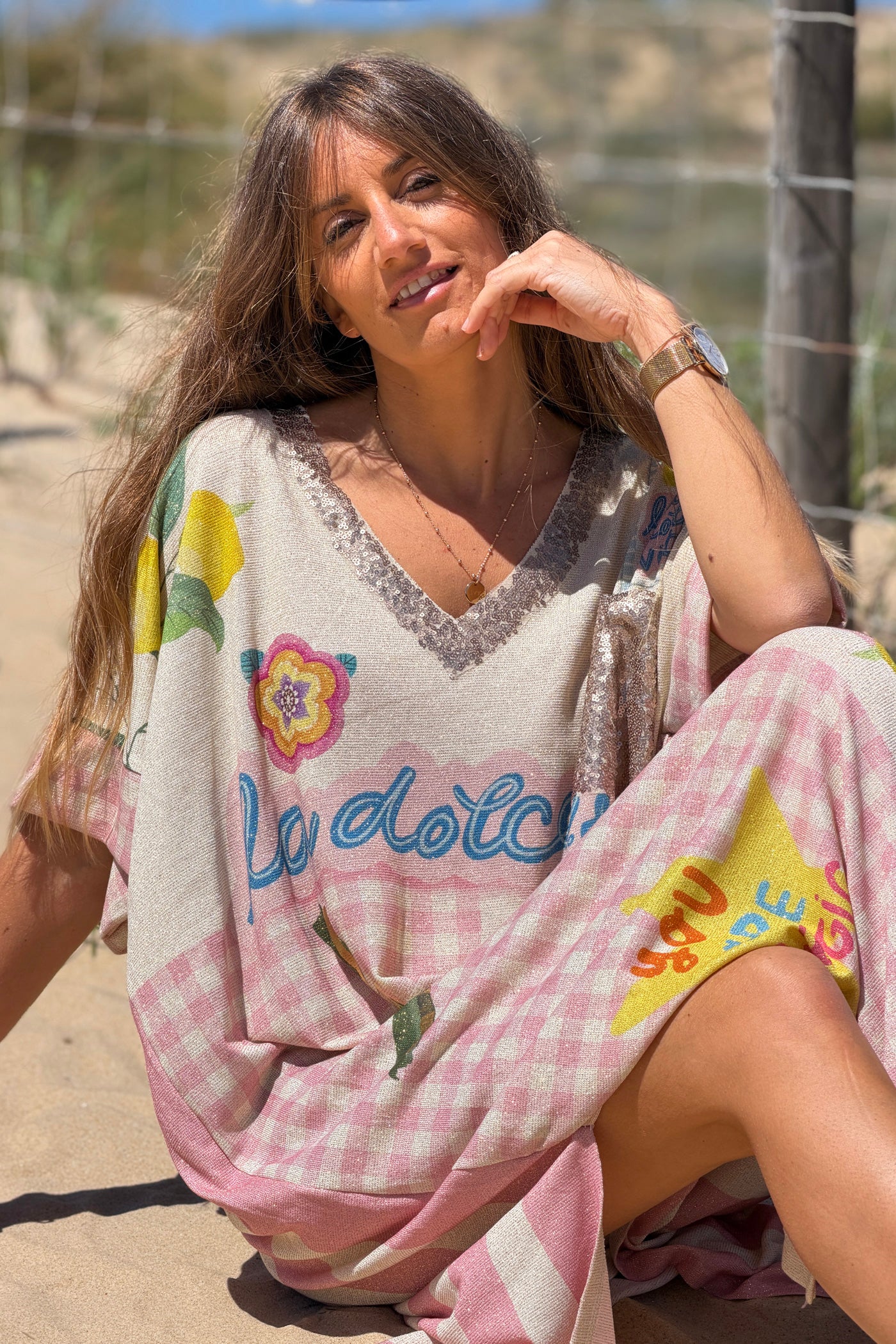 Robe longue brillante lurex imprimé rayures vichy rose citron Dolce Vita col et poche sequins