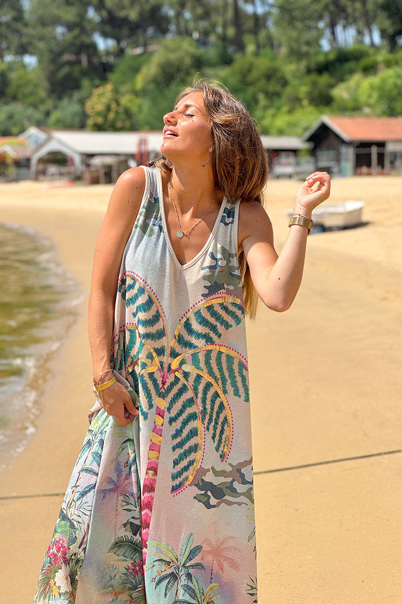 Blue Patterned Palms Sleeveless Maxi Dress