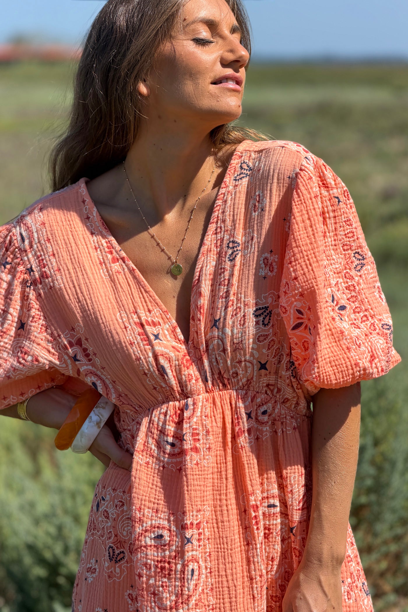 Orange Gauze Bandana Print Dress