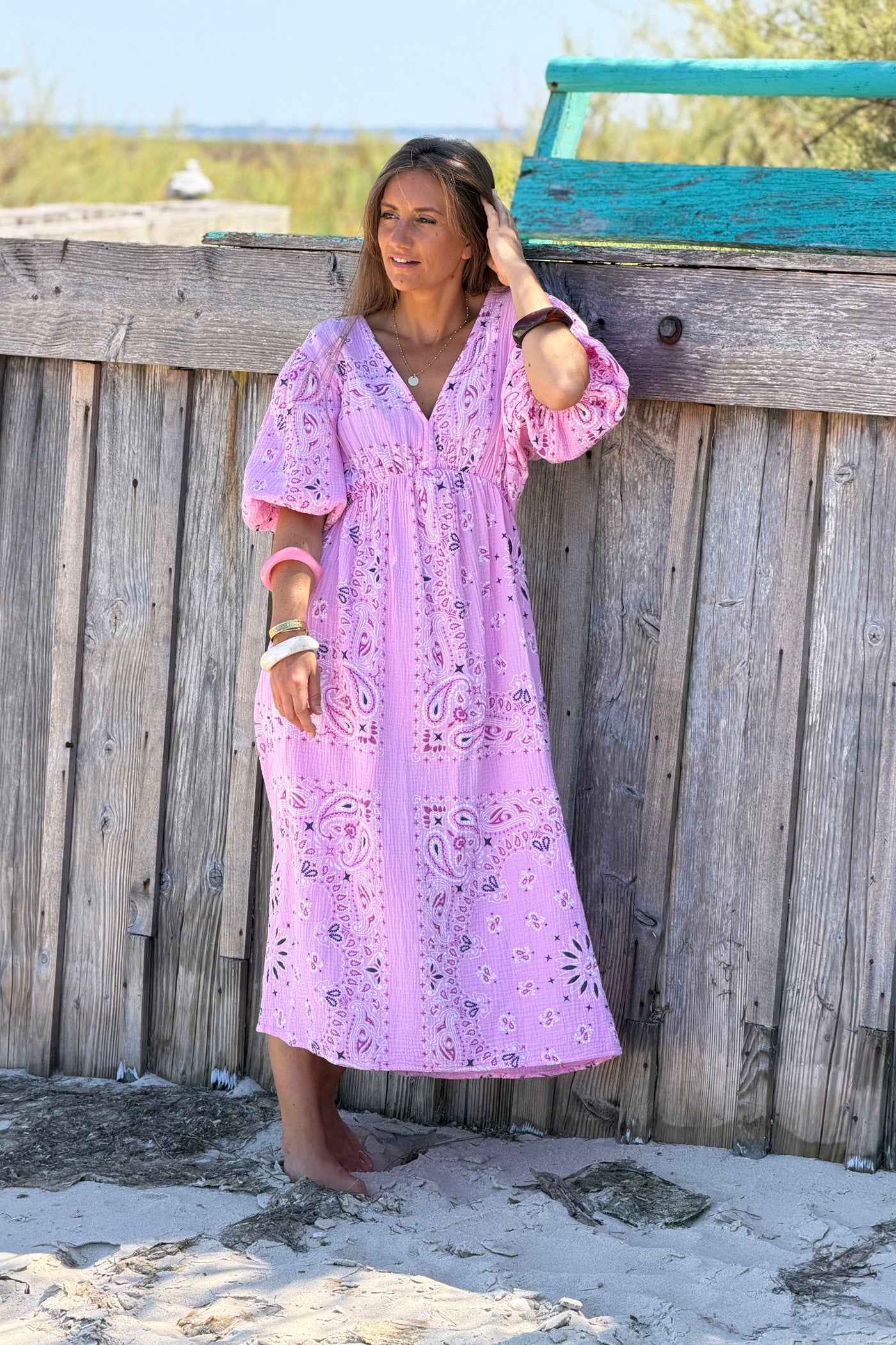 Pink Gauze Bandana Print Dress