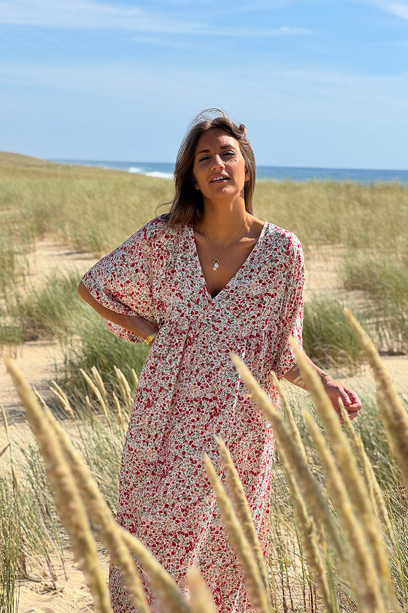 Red Ditsy Floral V-Neck Butterfly Sleeve Maxi Dress