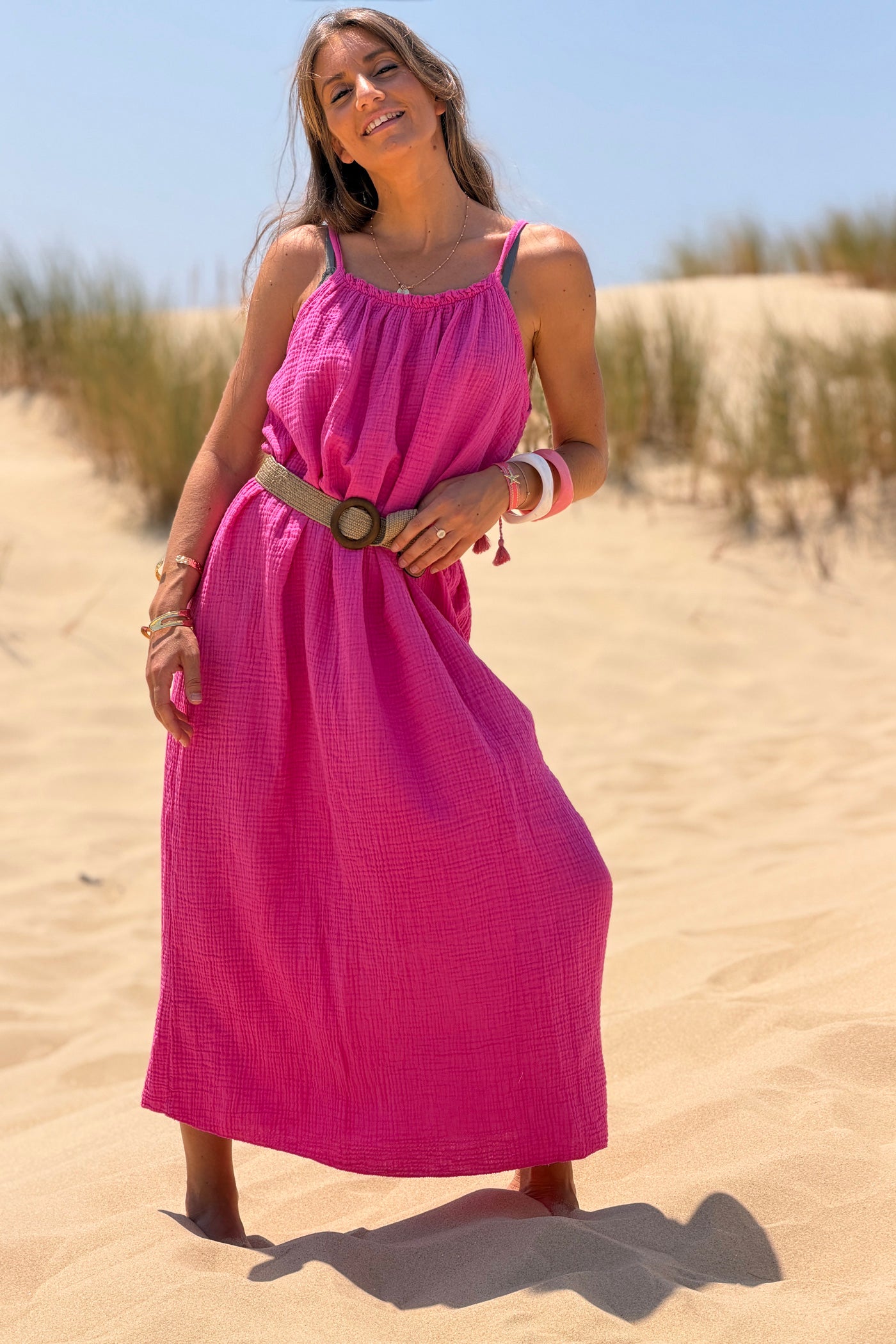 Hot Pink Crinkle Gauze Maxi Dress