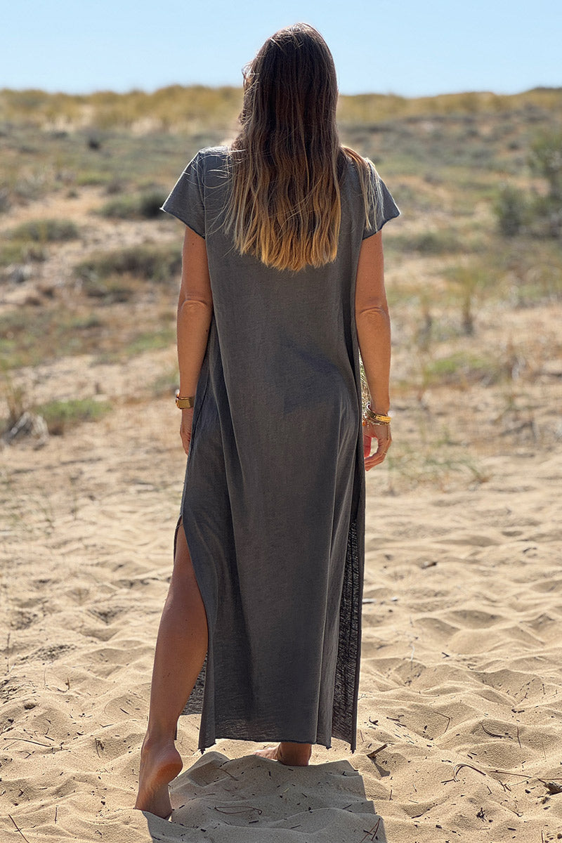 Vestido largo de algodón gris con estrella grande