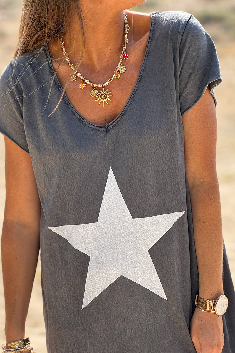 Vestido largo de algodón gris con estrella grande