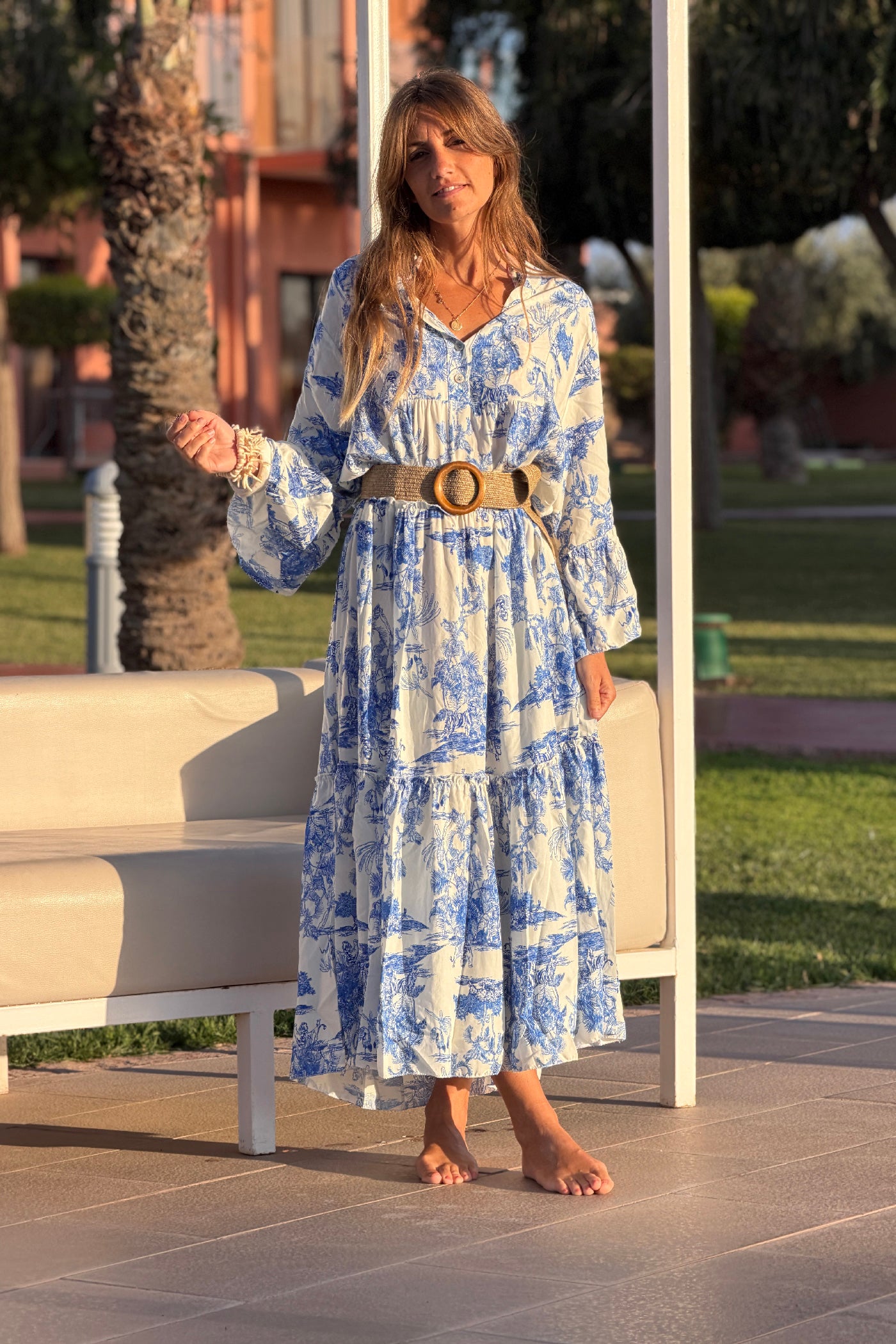 Tiered maxi dress with toile de jouy royal blue print
