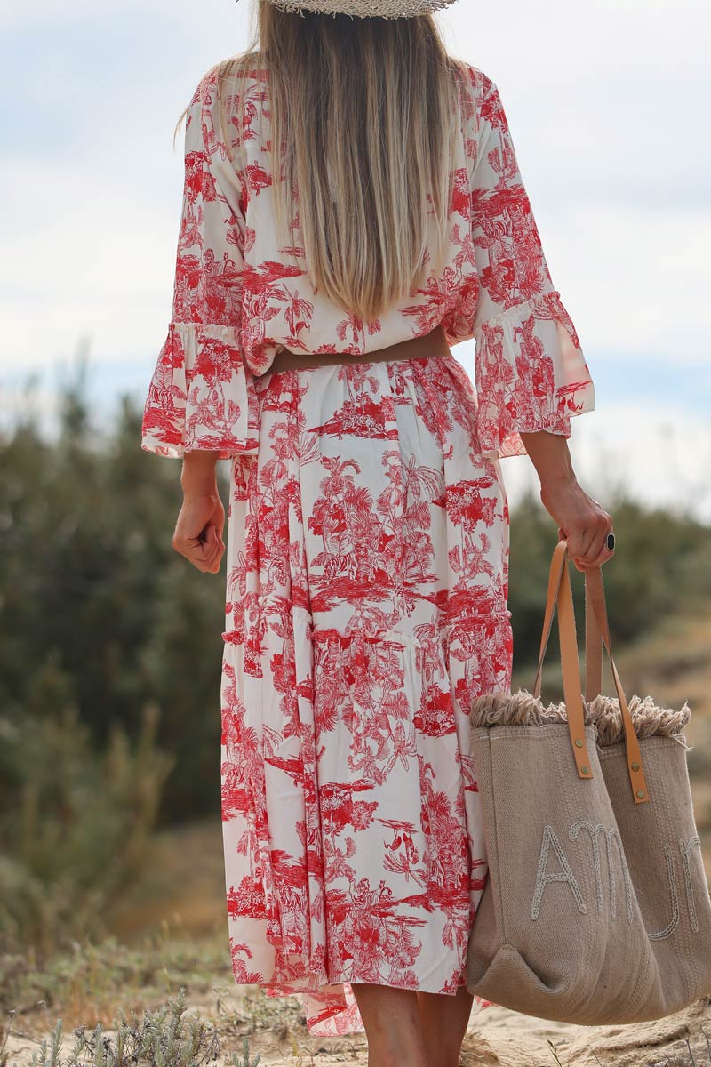 Robe longue toile de jouy rouge