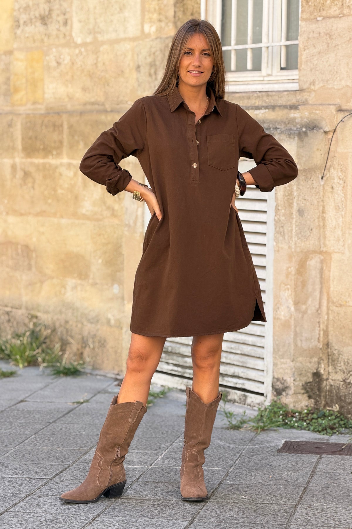 Chocolate Woven Half-Placket Long-Sleeve Dress
