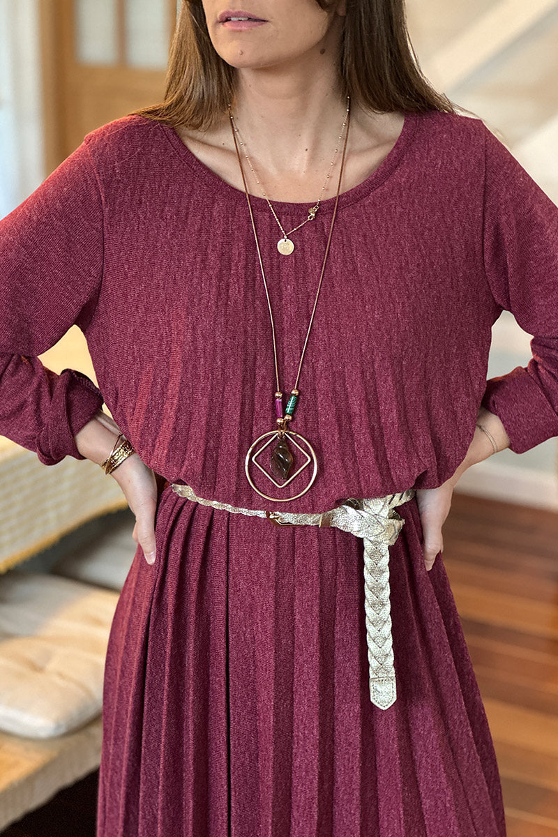 Robe plissée bordeaux chiné en petite maille col rond