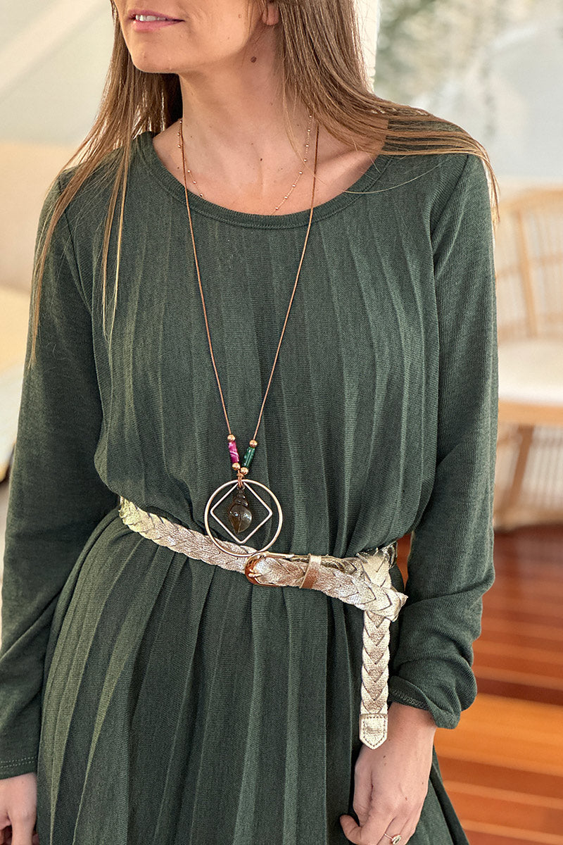 Robe plissée kaki en petite maille col rond