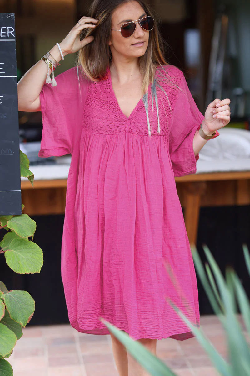 Fuchsia Floaty Cotton Dress with Lace Top