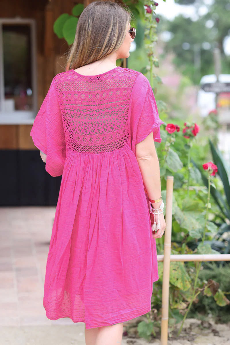 Fuchsia Floaty Cotton Dress with Lace Top