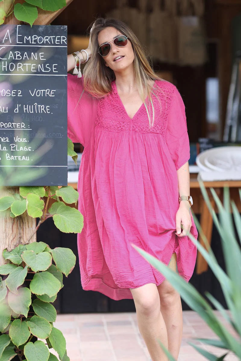 Fuchsia Floaty Cotton Dress with Lace Top