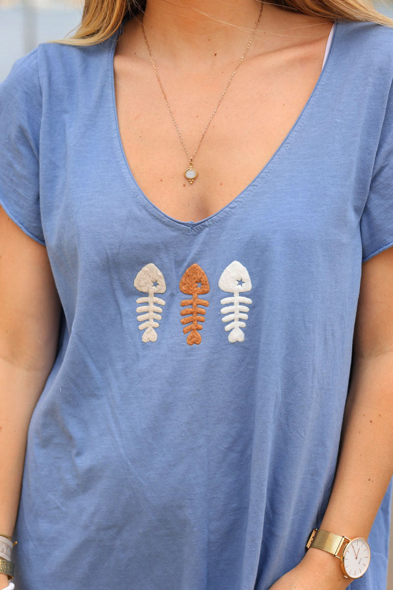 Robe longue t-shirt col V trio poissons bleu jean