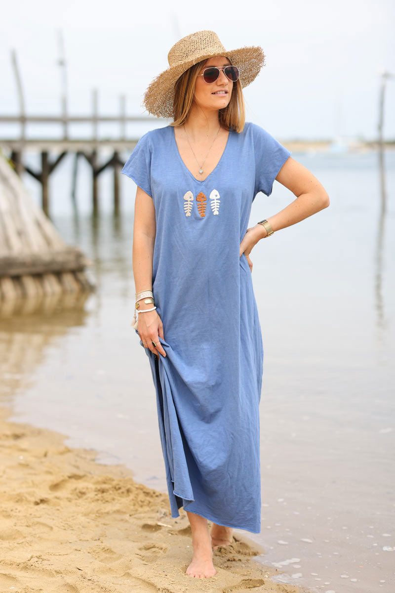 Robe longue t-shirt col V trio poissons bleu jean