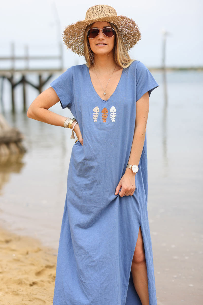 Robe longue t-shirt col V trio poissons bleu jean