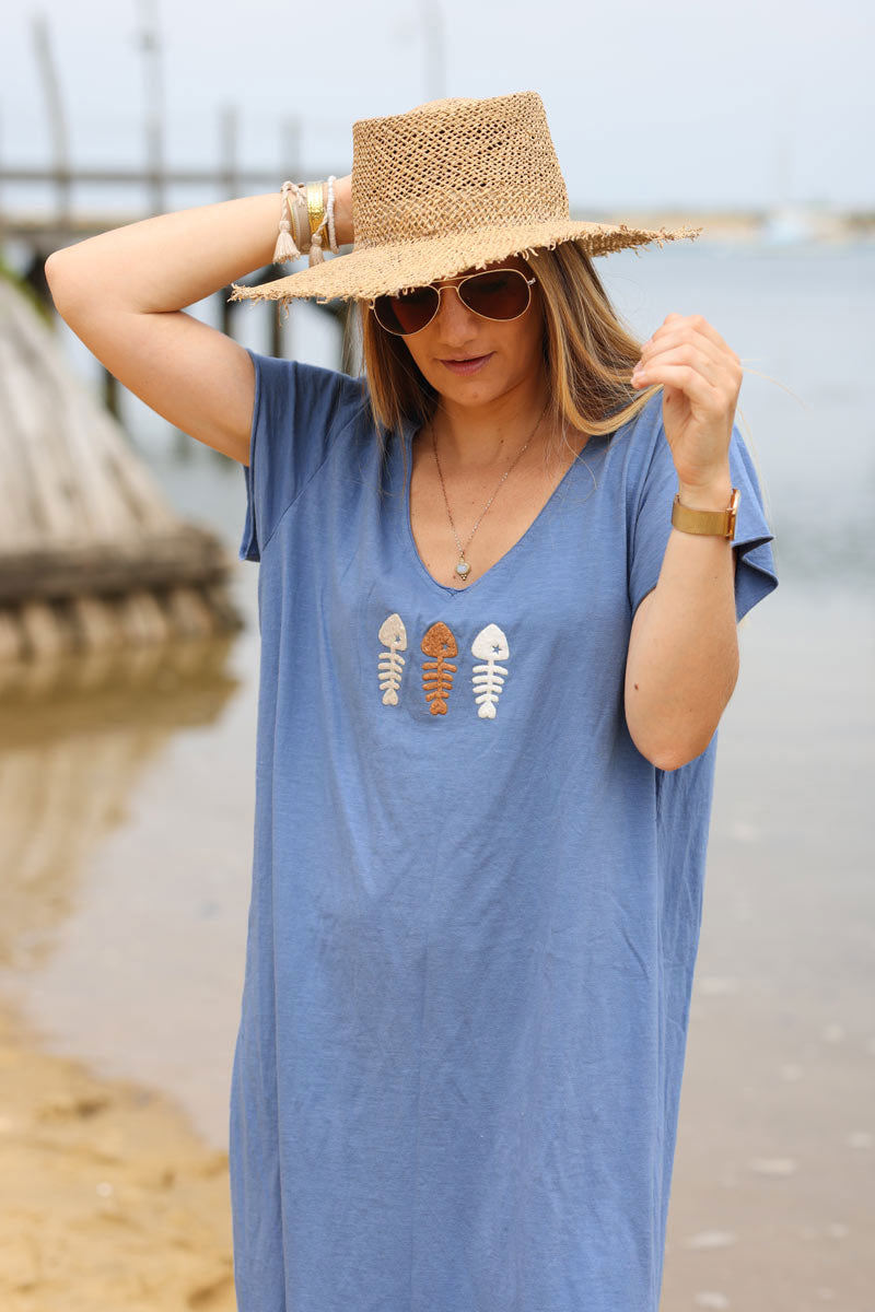 Robe longue t-shirt col V trio poissons bleu jean