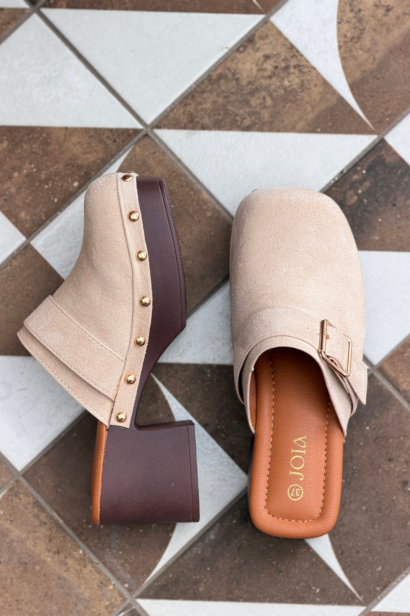 Beige Suedette Platform Clogs