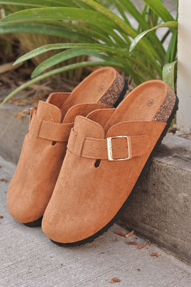 Camel suedette slip on mules with buckle